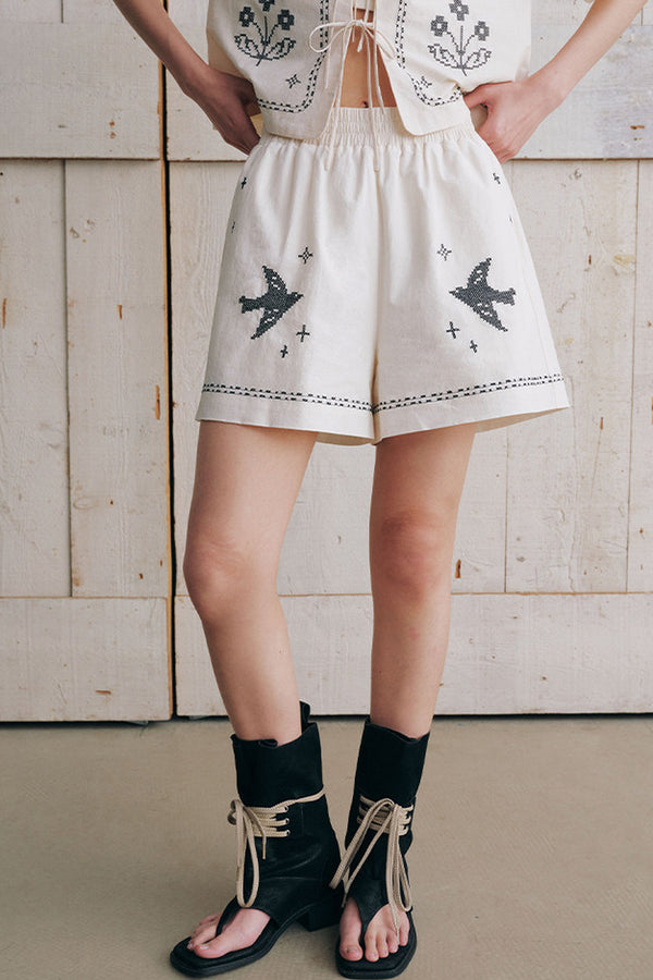 Bird Embroidered Cotton Linen Cardigan And Shorts Set-Up
