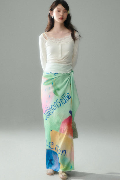 Hand-Painted Fruit Print T-Shirt and Wrap Skirt Set-Up