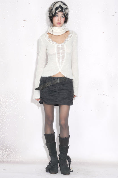 White Long-Sleeved Lace Knit Top