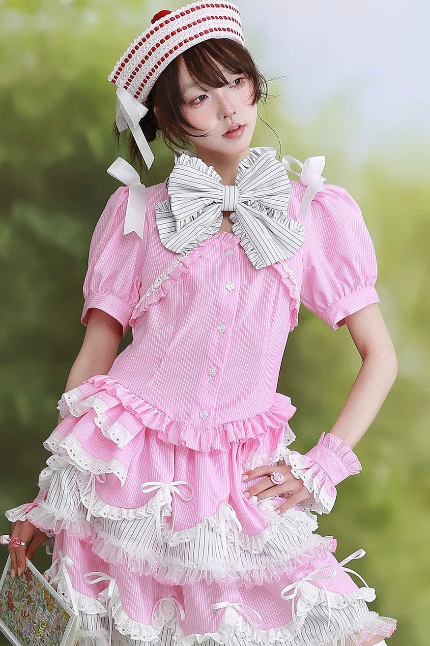 Pink Showa Retro Striped Top