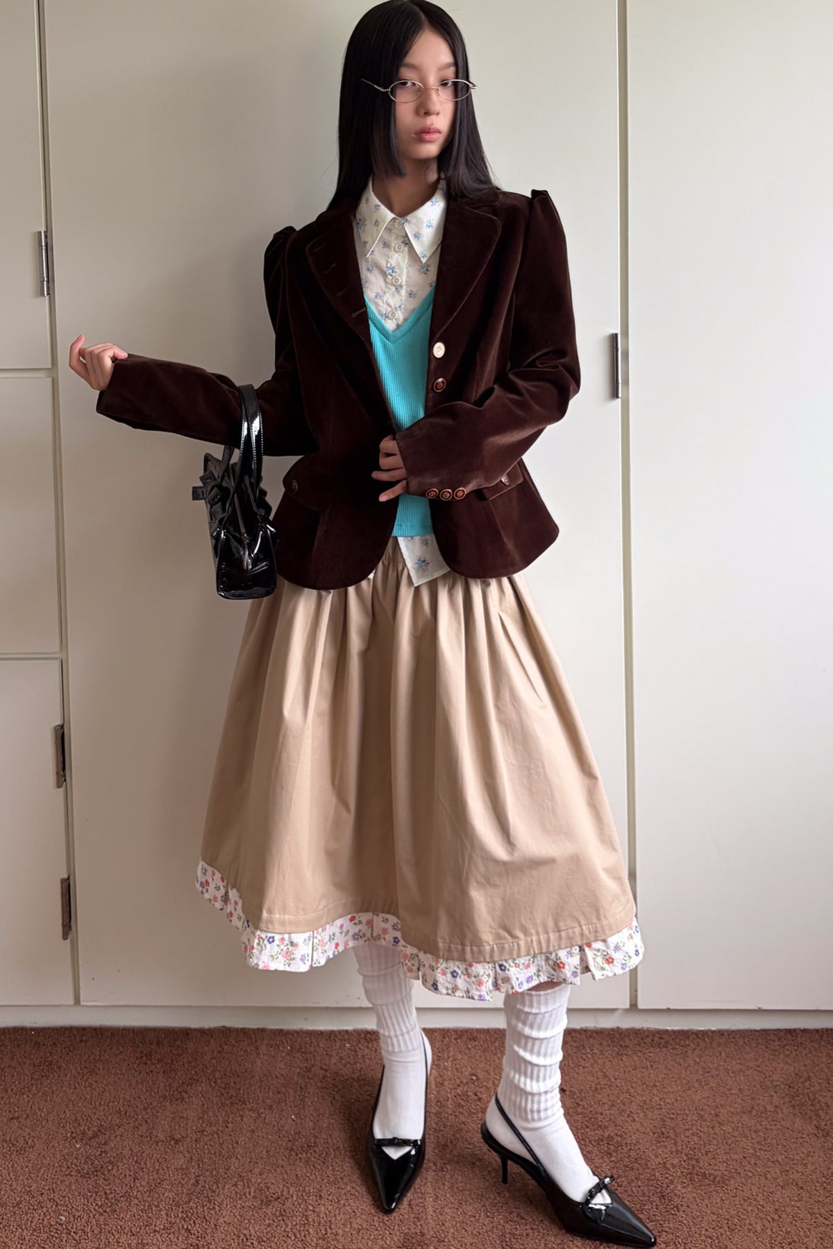 Brown Notch Lapel Puff Sleeve Blazer