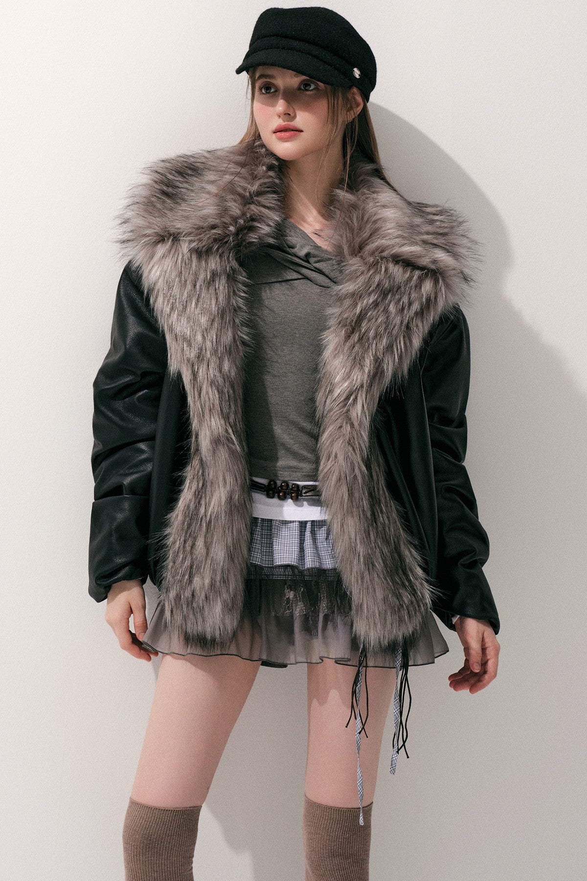 Large Fur Collar Leather Jacket