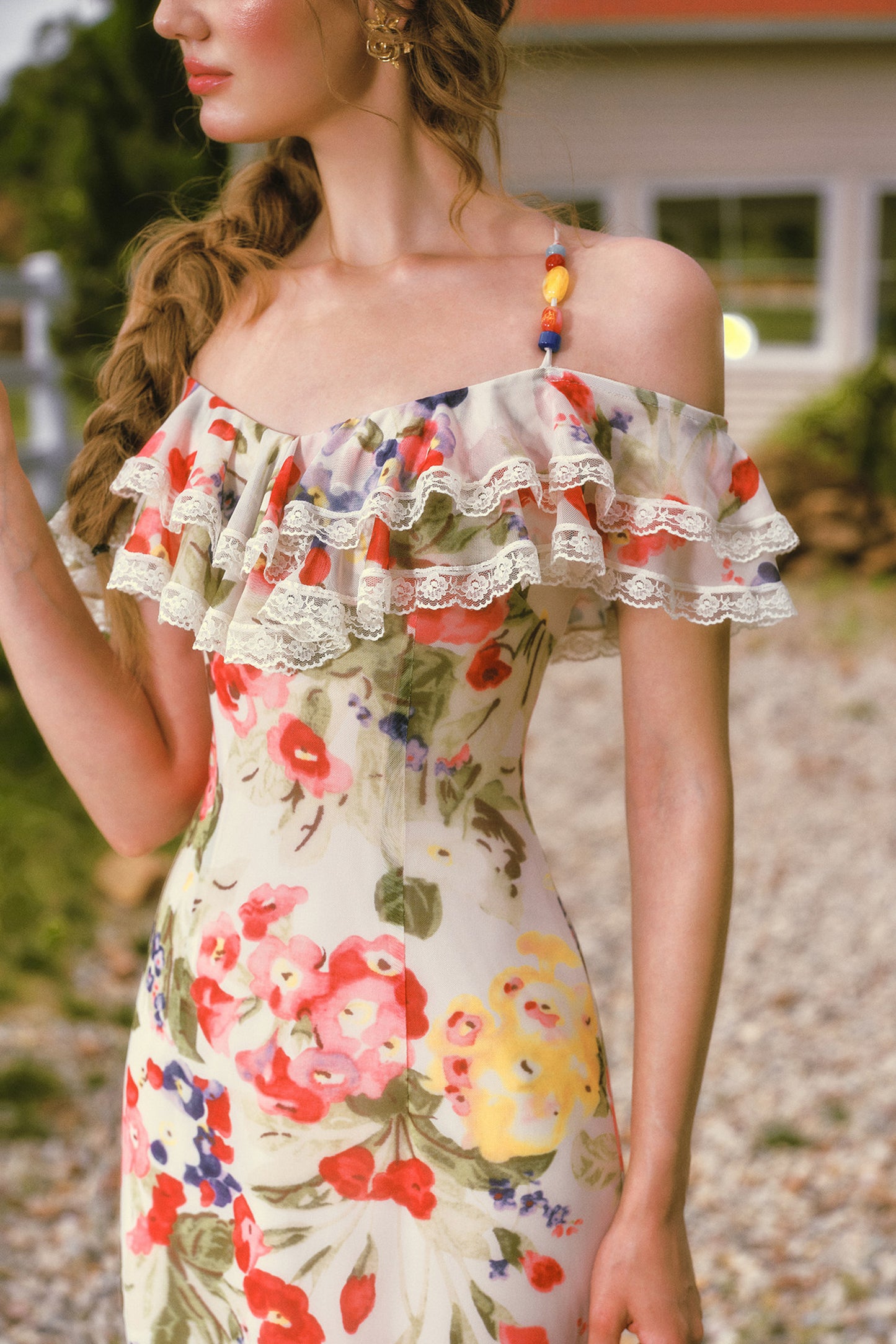Floral Ruffled Elastic Mesh Long Dress