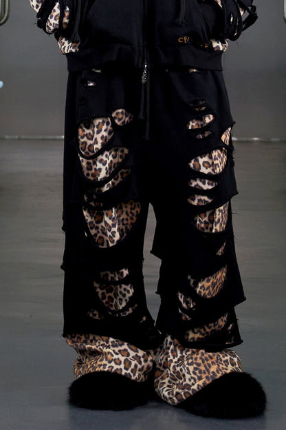 Leopard Print Ripped Double-Layer Sweatpants