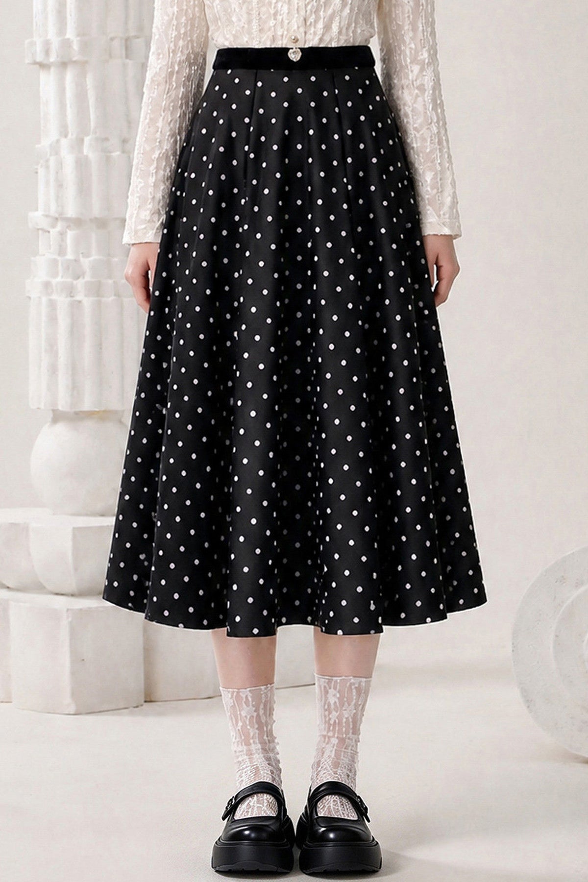 Woven Polka Dot Large Flared Skirt