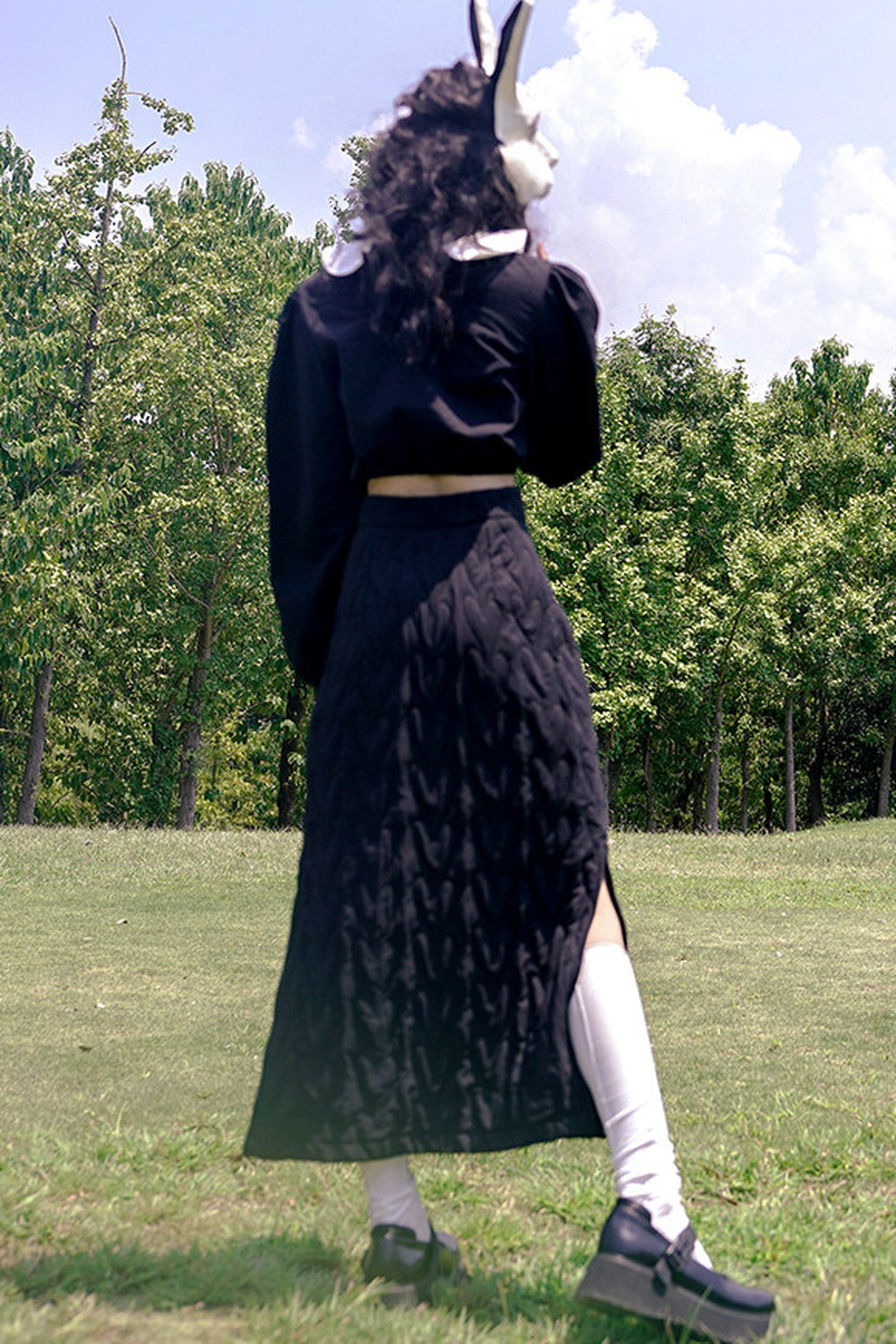 Heart Jacquard Slit Skirt
