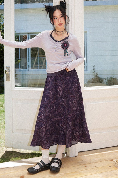 Vintage A-Line Elastic Waist Skirt