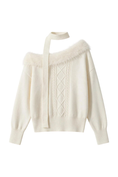 Ribbon Tie Off-Shoulder Cable Knit Sweater
