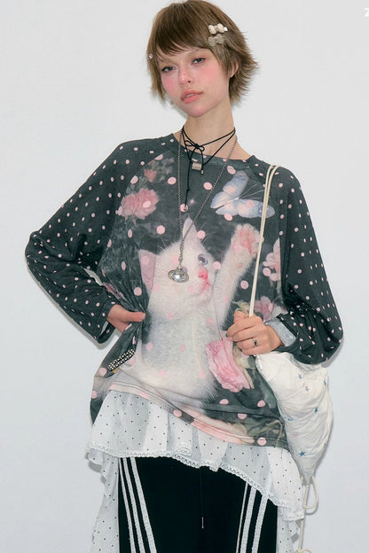 Blouse à imprimé chat et pois