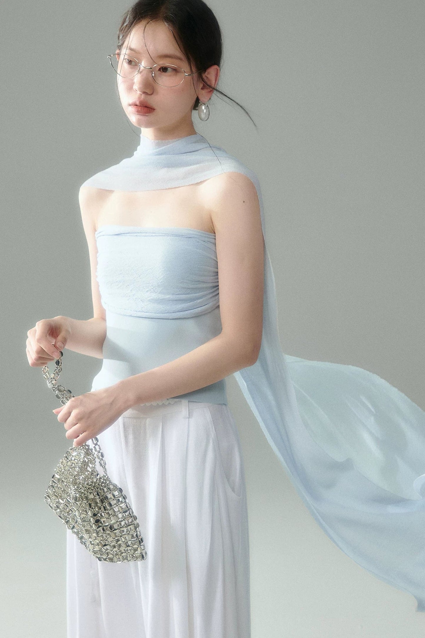 Misty Light Pleated Tulle Blouse Set