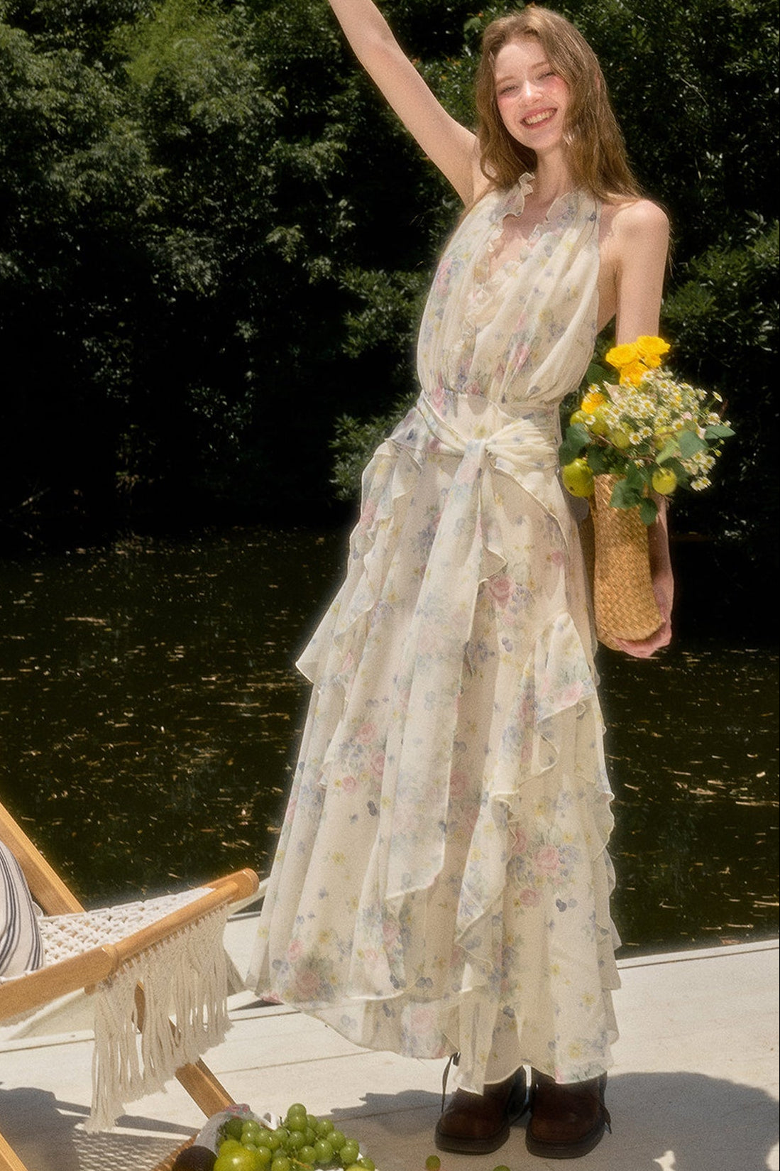 Floral Ruffle Sleeveless V-Neck Dress