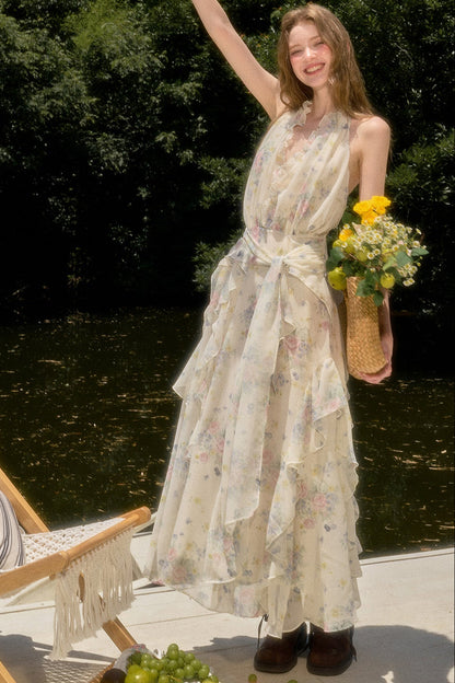 Floral Ruffle Sleeveless V-Neck Dress