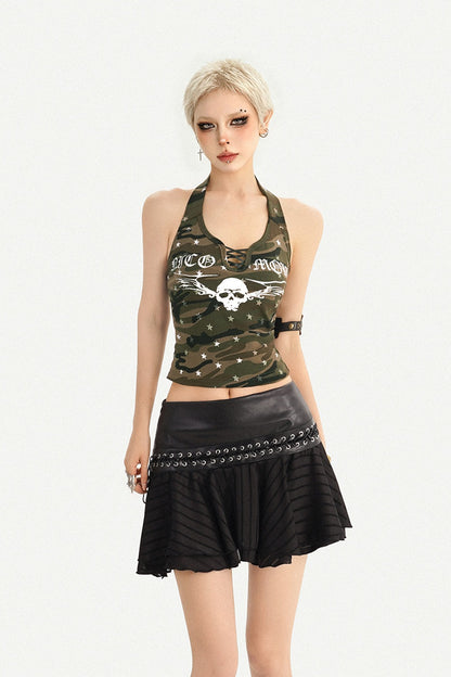 Neckholder-Tanktop mit Camouflage-Totenkopf-Print