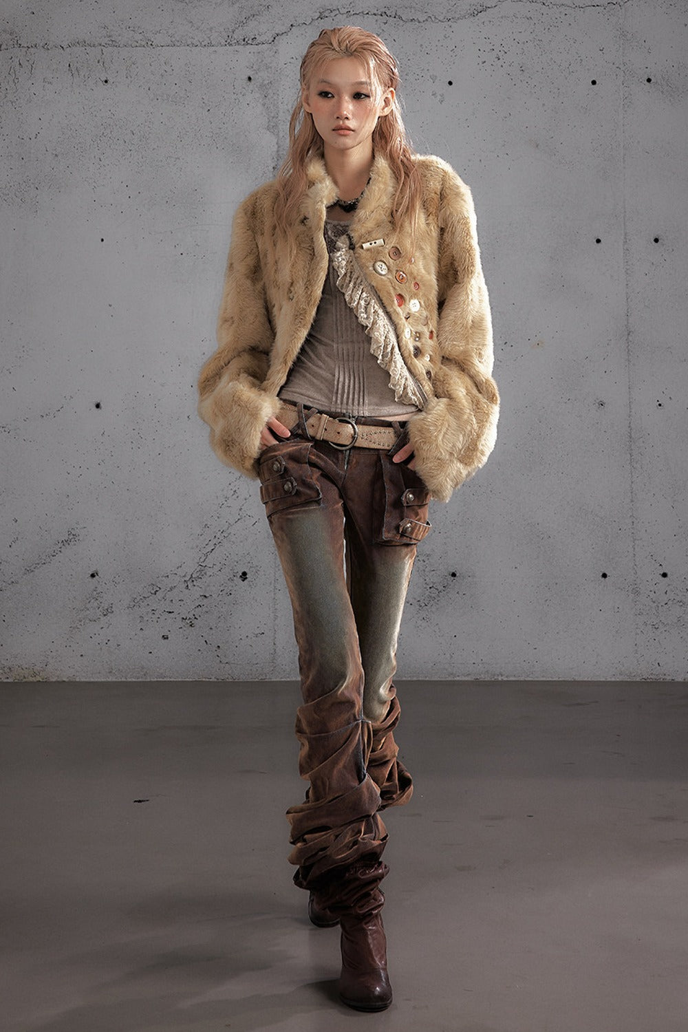 Punk Flocked Ruched Low-Waist Curved Leg Jeans
