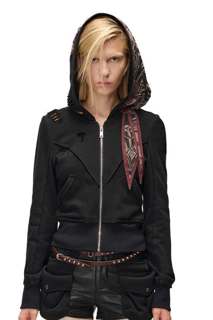 Lagenlook-Schal-Patchwork-Kapuzenjacke im Used-Look aus Sweatshirtstoff
