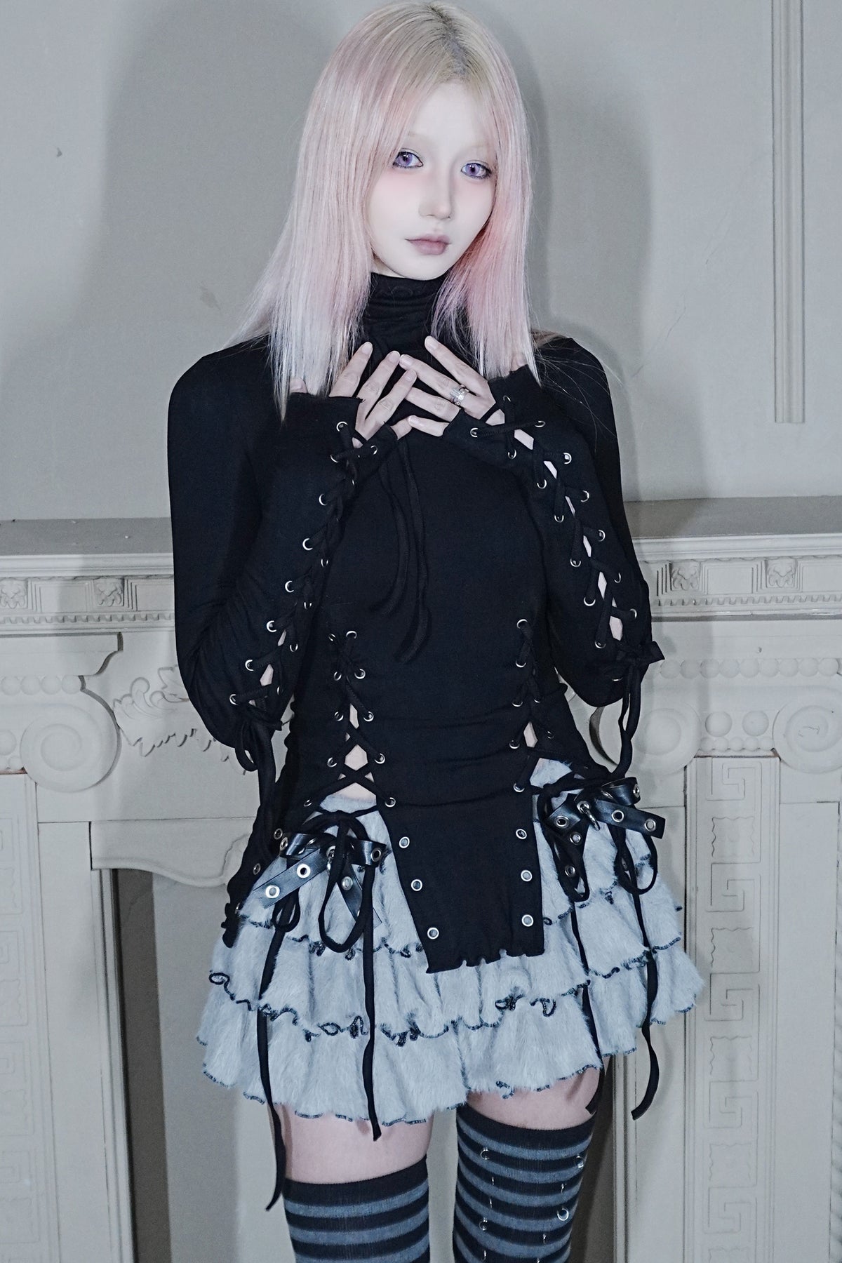 High-Neck Lace-Up Knit Top