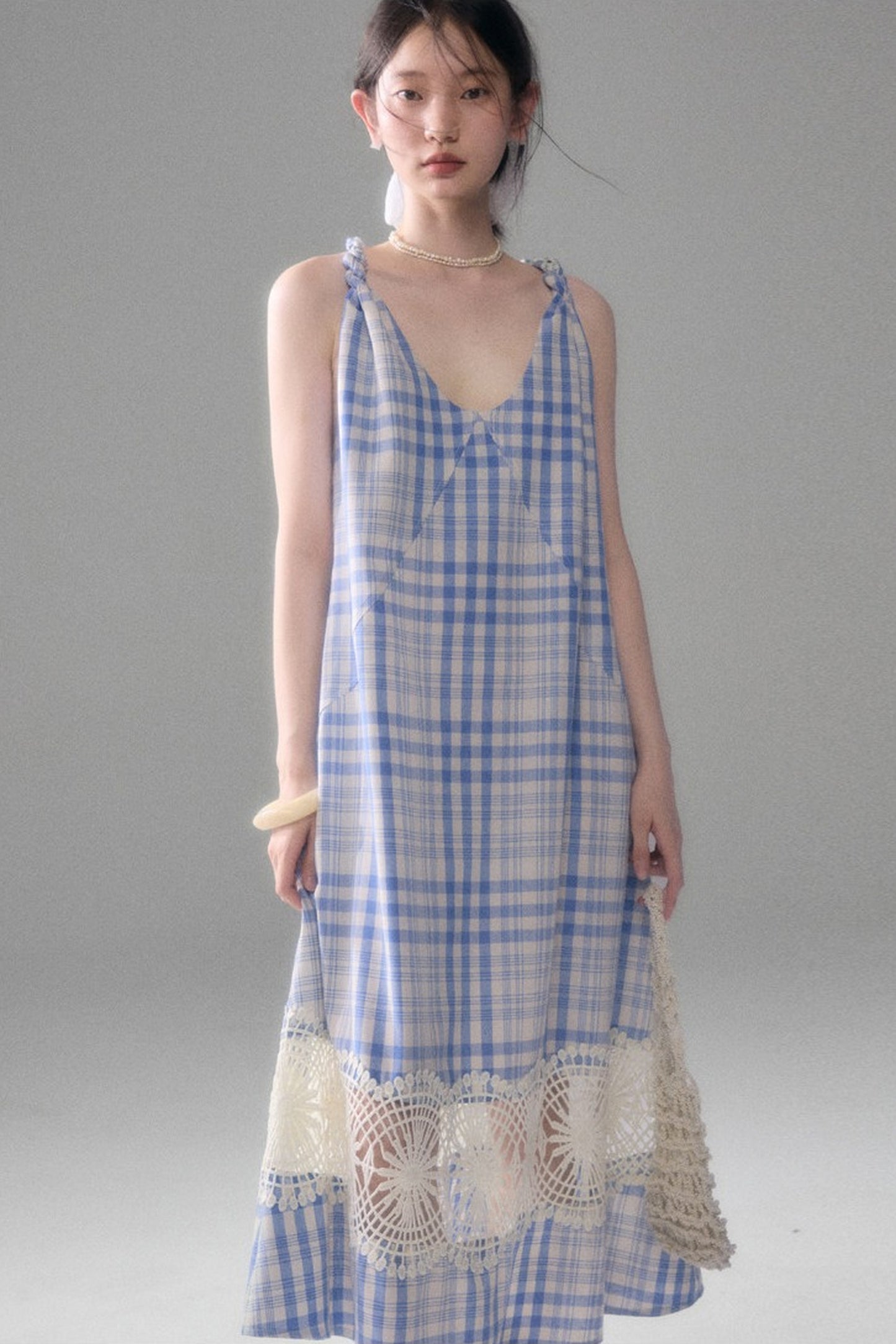 Blue White Plaid Lace Slip Dress
