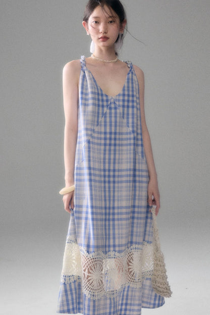 Blue White Plaid Lace Slip Dress