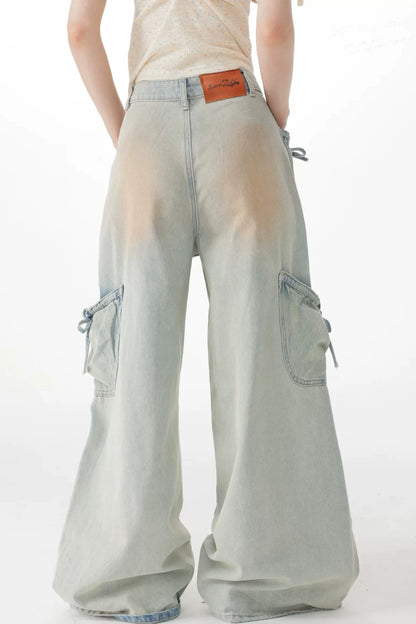 High-Waisted Bow-Knot Wide-Leg Denim Pants