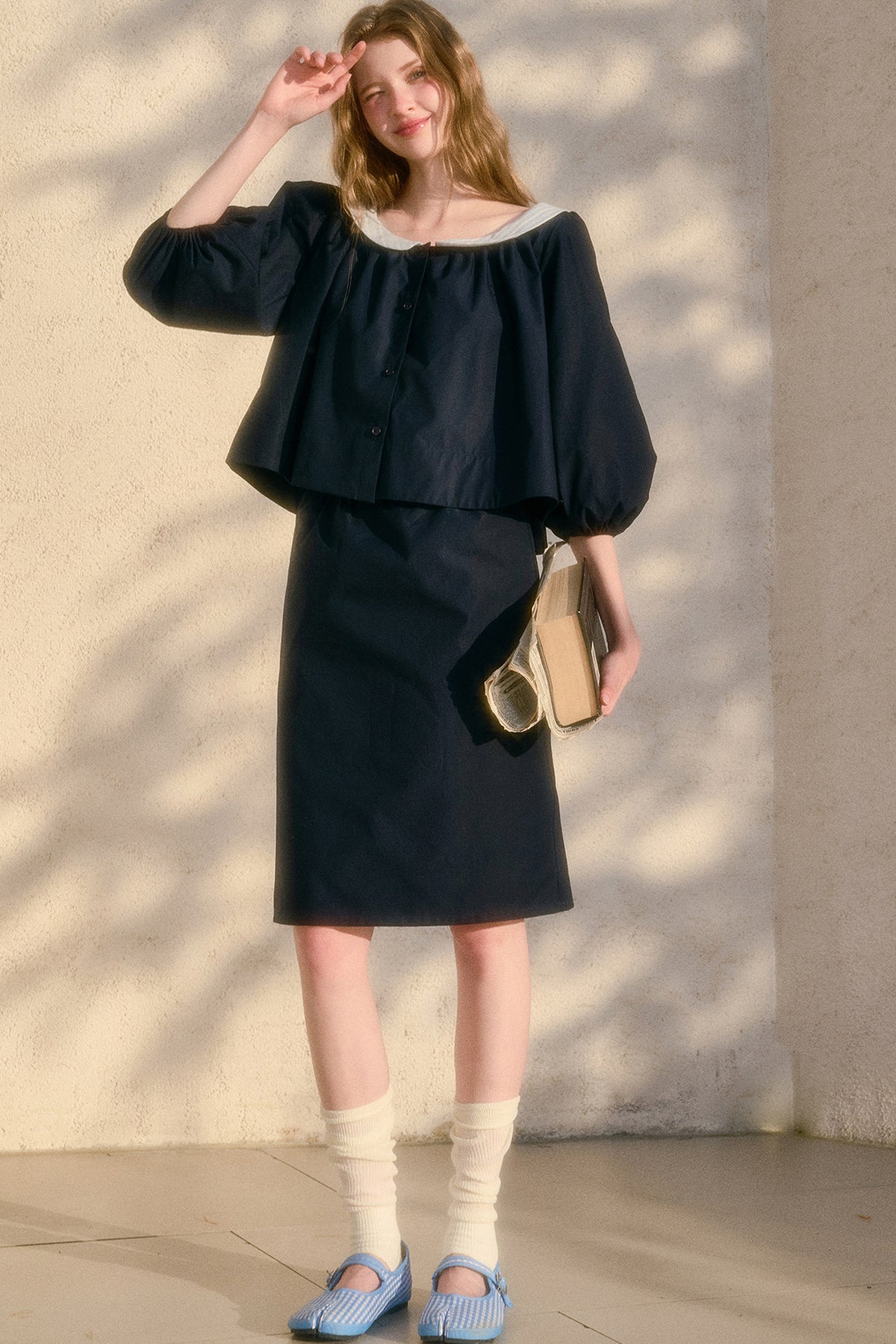 Floral Puff Sleeve Shirt and Skirt Set-Up