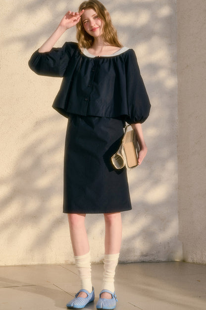 Floral Puff Sleeve Shirt and Skirt Set-Up