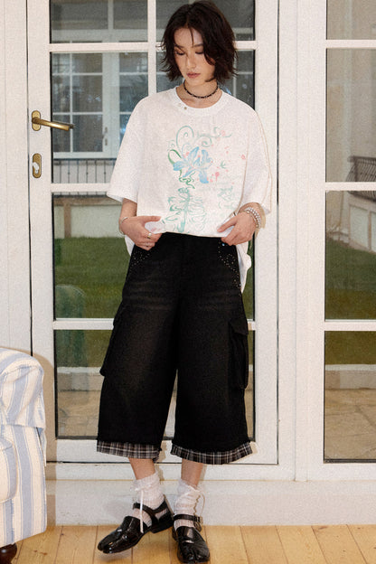 Patchwork Plaid Rhinestone Jeans