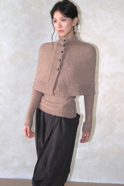 High Collar Button Cape Knit Top Set-Up