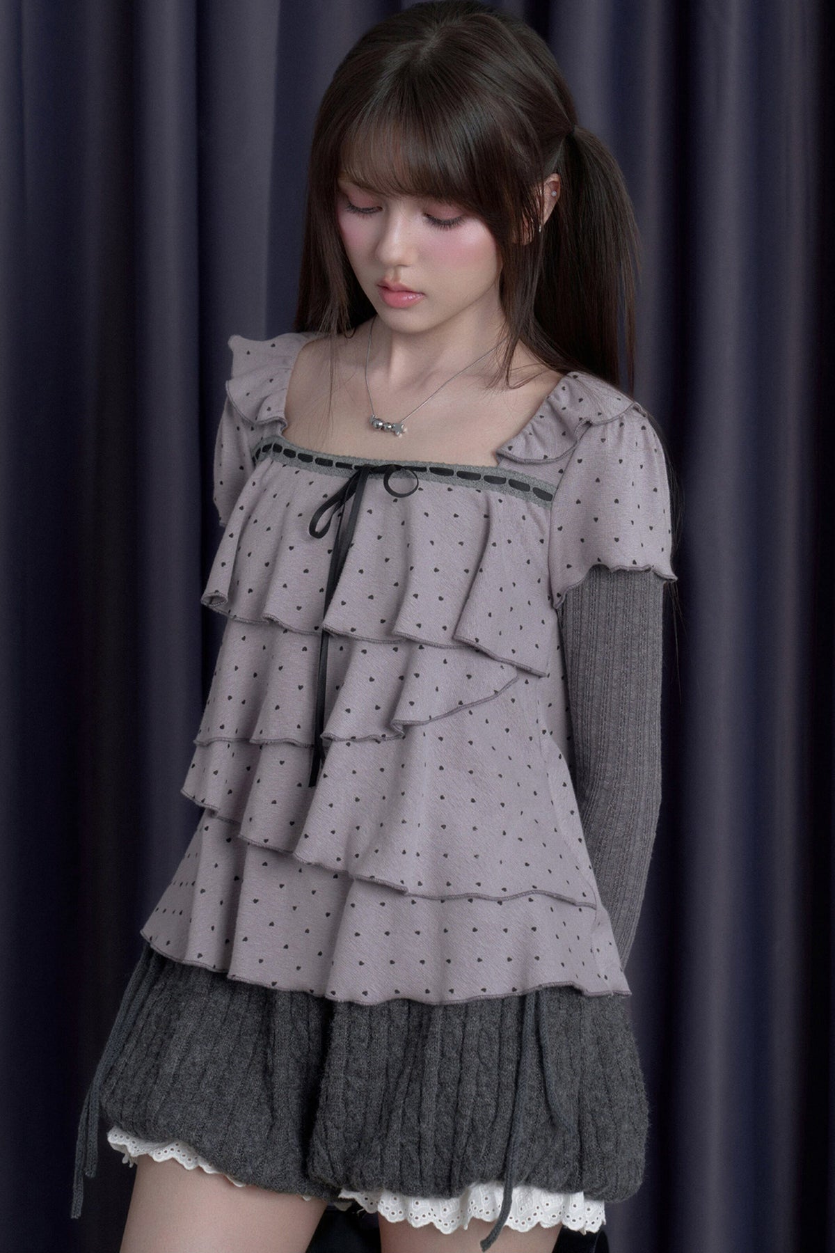 Gray-Purple Cake-Style Ruffle Long-Sleeved Knit Top