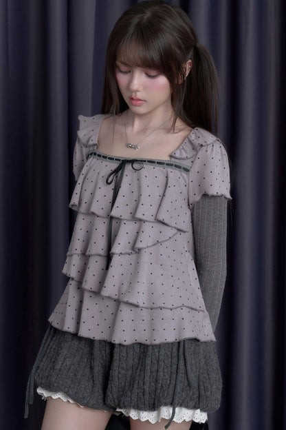 Gray-Purple Cake-Style Ruffle Long-Sleeved Knit Top