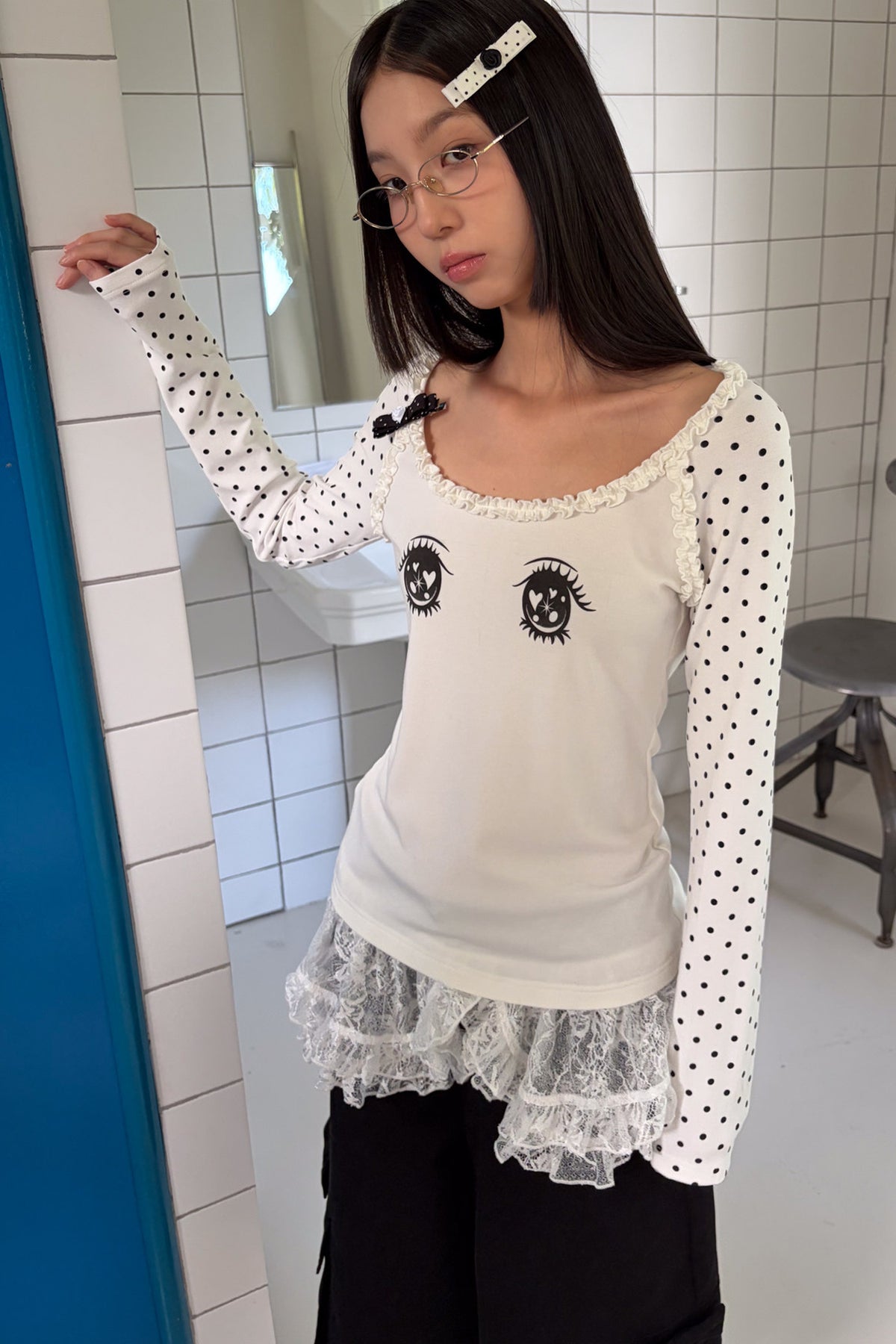 Polka Dot Eye Print Long Sleeve Top