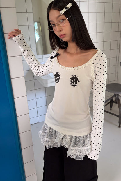 Polka Dot Eye Print Long Sleeve Top