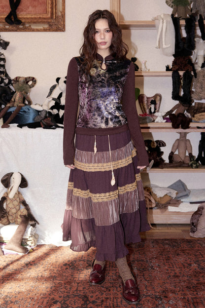 Mandarin Collar Velvet Long-Sleeve T-Shirt