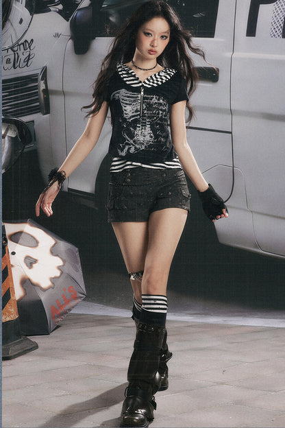 Striped Collar Skeleton Graphic Hooded Top