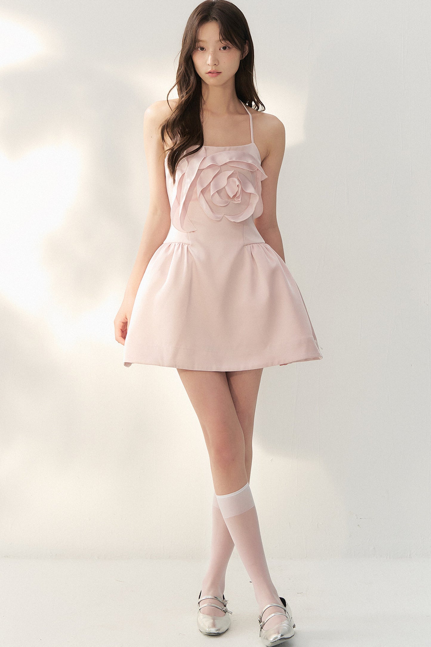 Pink Satin 3D Rose Halter Dress