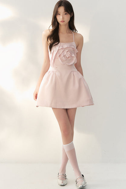 Pink Satin 3D Rose Halter Dress