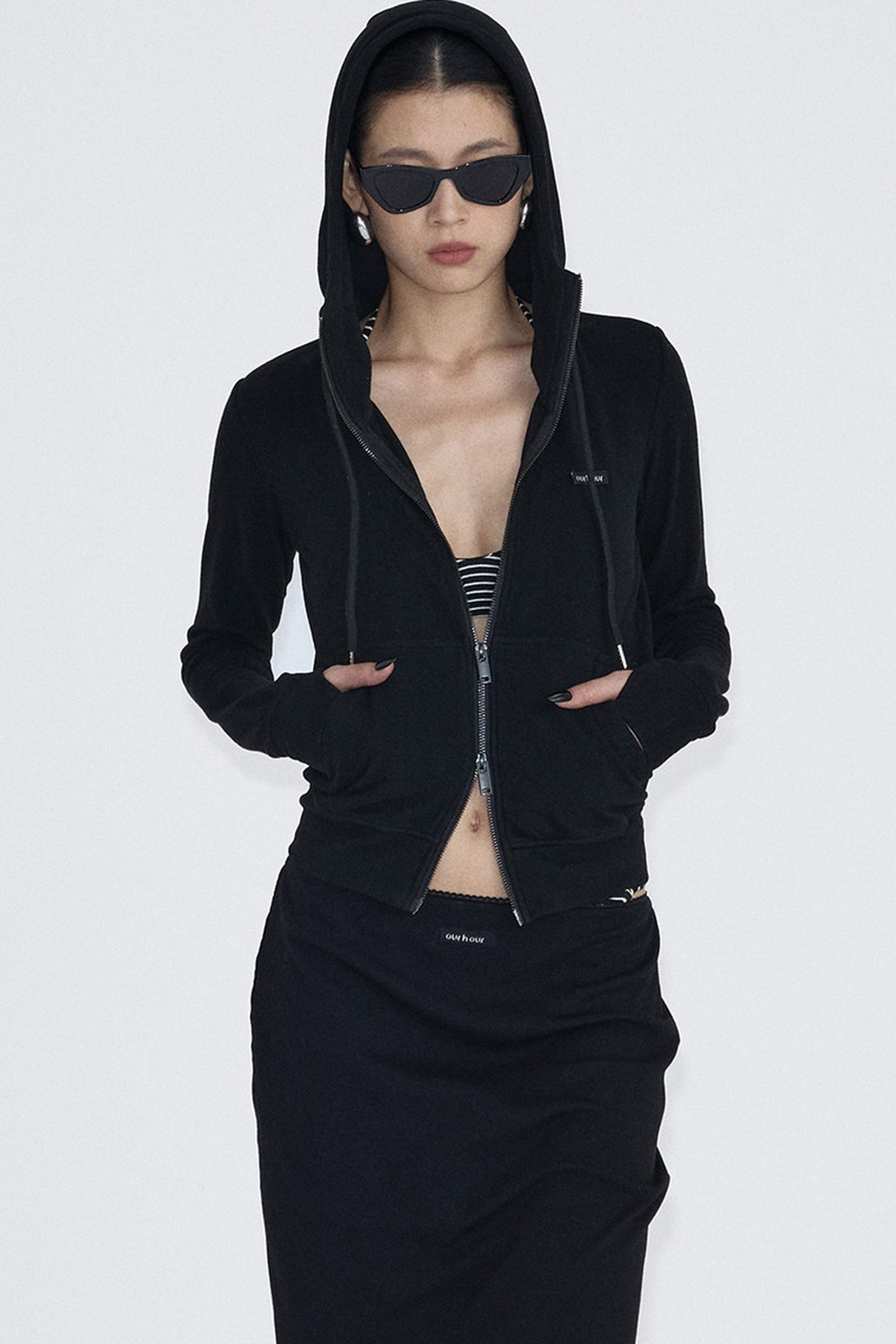 Hooded Zip Sweatshirt And Skirt Set-Up