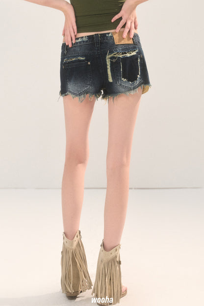 Frayed Ripped Lace Denim Shorts