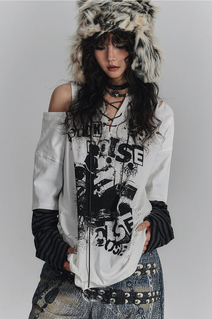 Striped Graphic Off-Shoulder T-Shirt