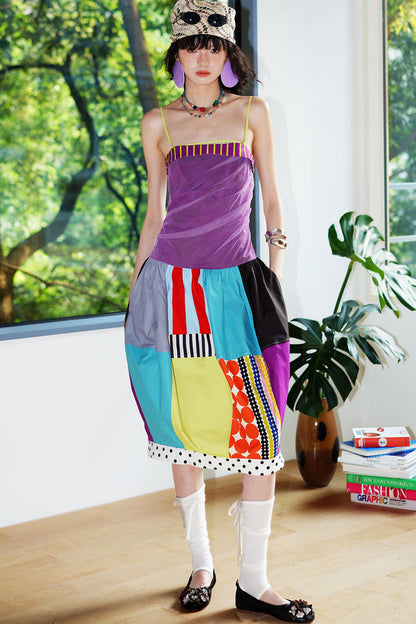 Patchwork Pleated Balloon Dress