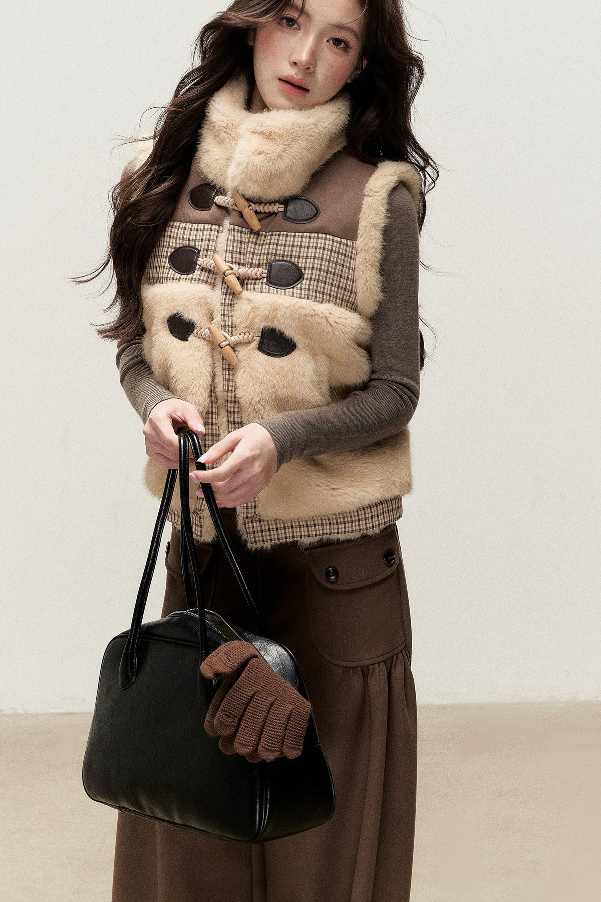 Retro Plaid Faux Fur Toggle Vest