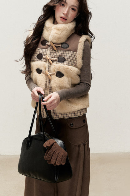 Retro Plaid Faux Fur Toggle Vest