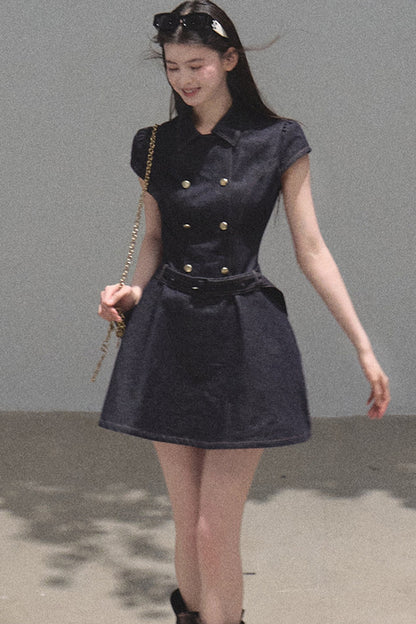 Retro Denim Waist-Cinching Dress Set-Up