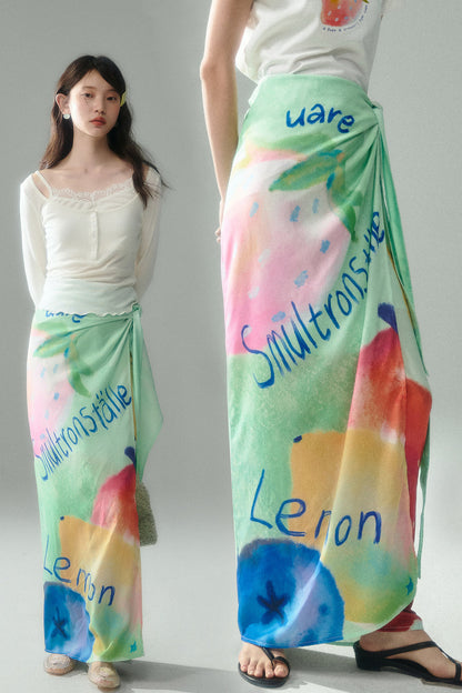 Hand-Painted Fruit Print T-Shirt and Wrap Skirt Set-Up