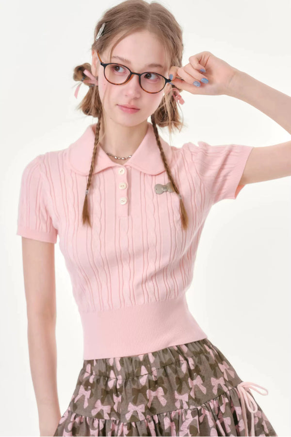 Pink Knitted Short-Sleeve T-Shirt
