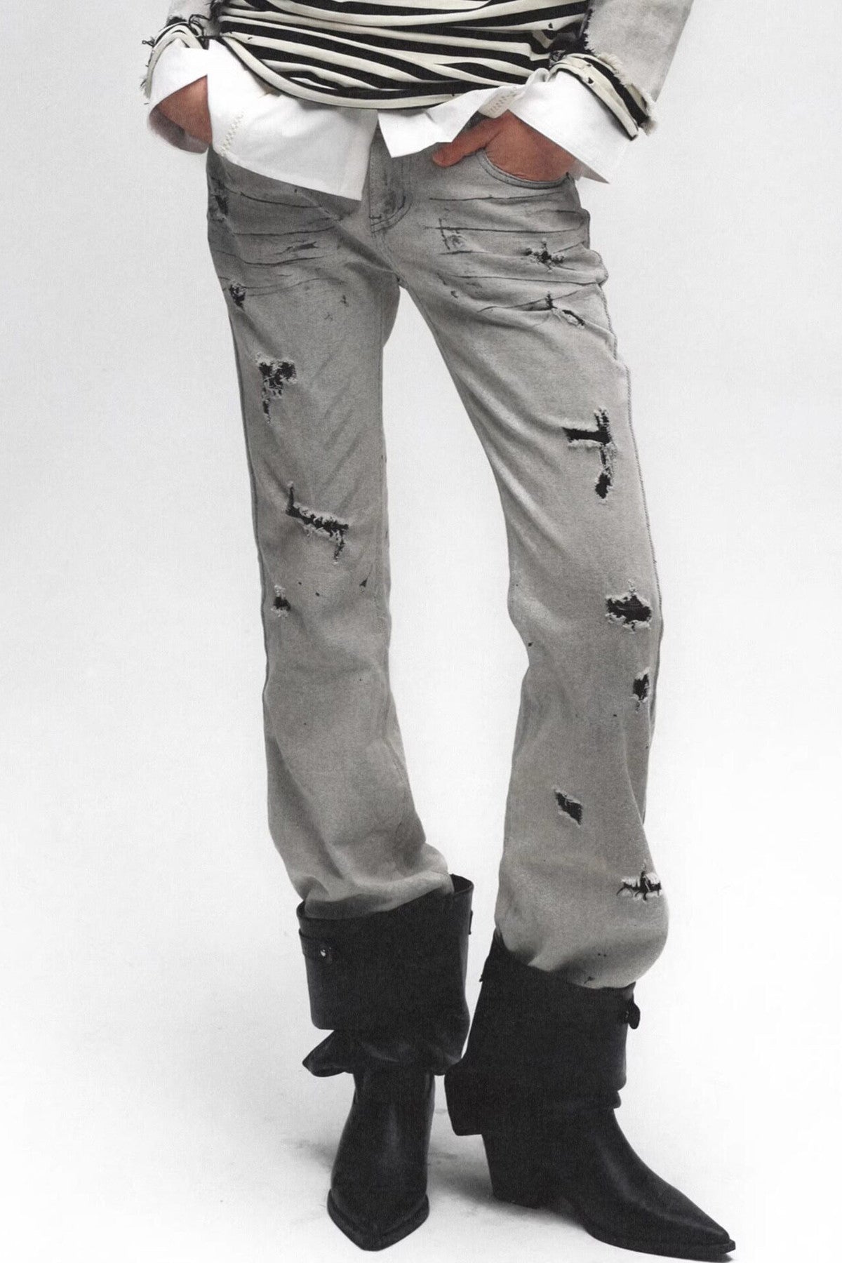 Punk Grunge Distressed Denim Jacket and Jeans Set-Up