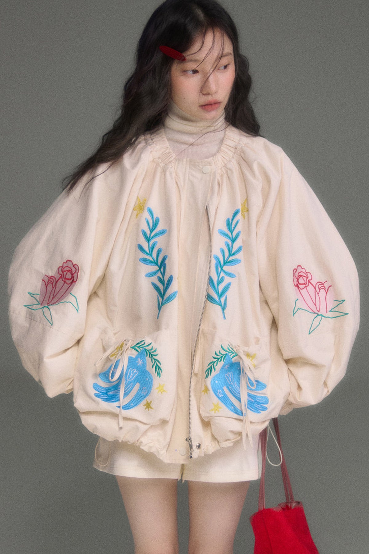 Loose Birds Olive Floral Embroidered Drawstring Jacket