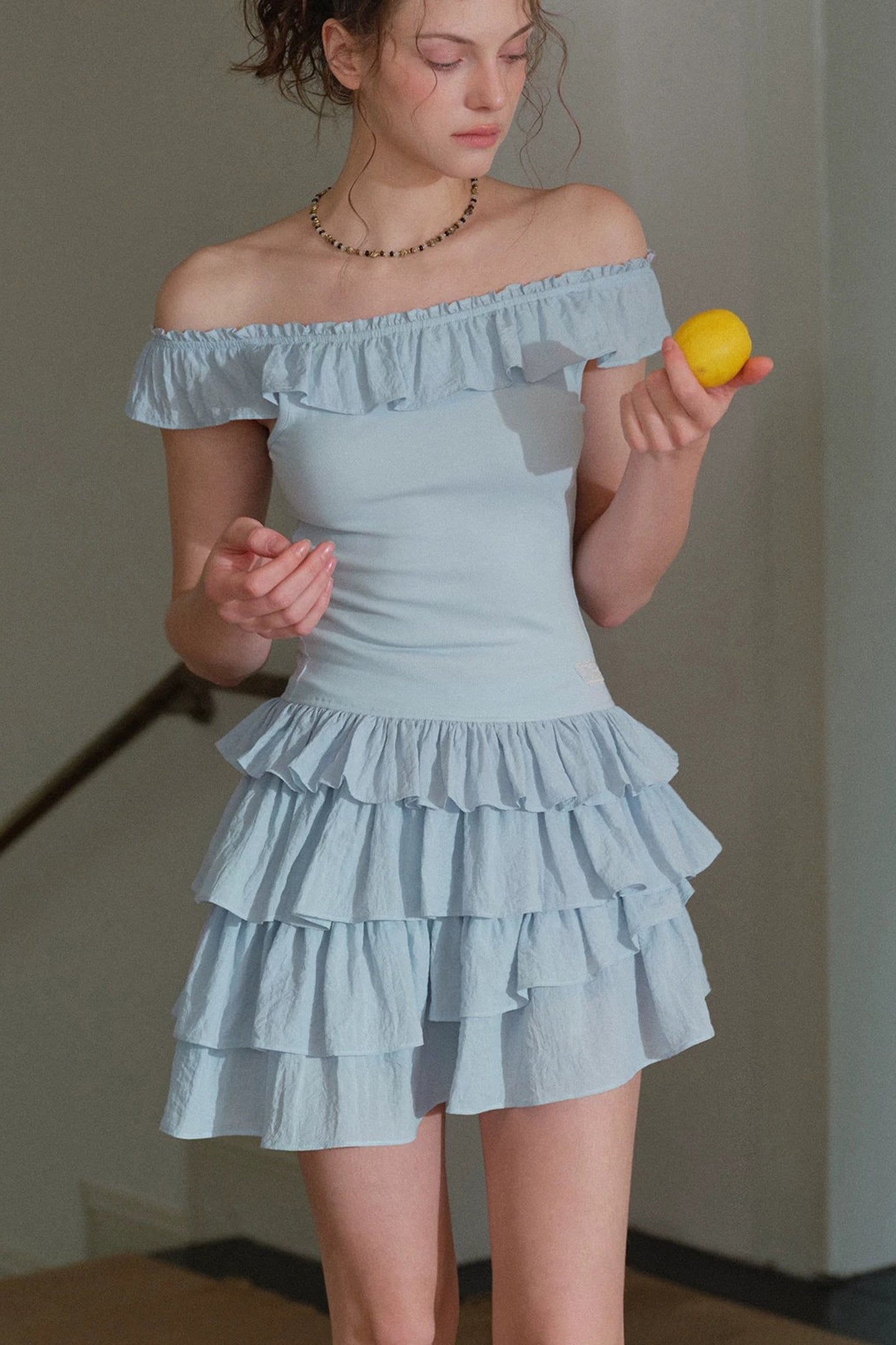 Mist Blue Ruffle Dress and Leggings Set