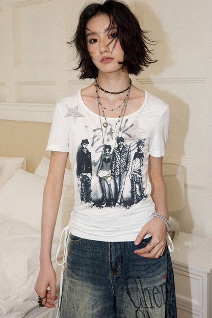 Portrait Print Drawstring Top
