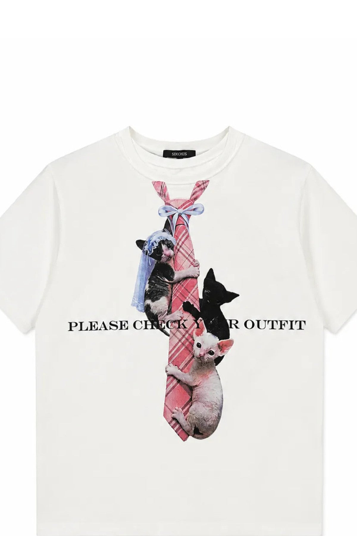 Plaid Tie Cat Print T-Shirt