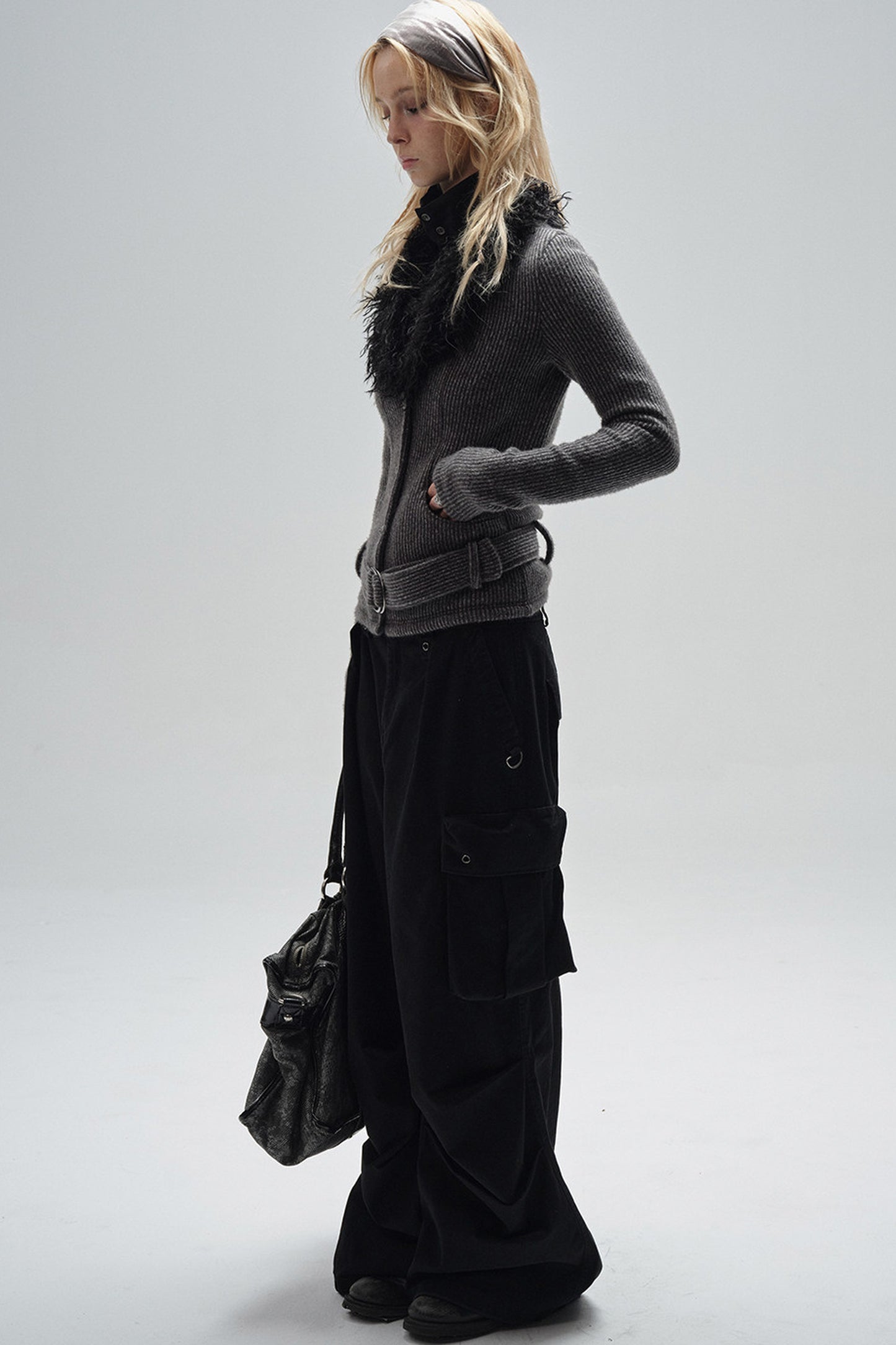Fur Collar V-Neck Textured Knit Cardigan